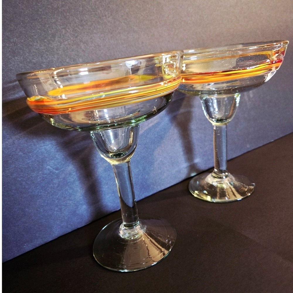 Mexican Hand Blown Margarita Glasses Set of‎ 2 Orange Yellow Red Swirl Rim 7in